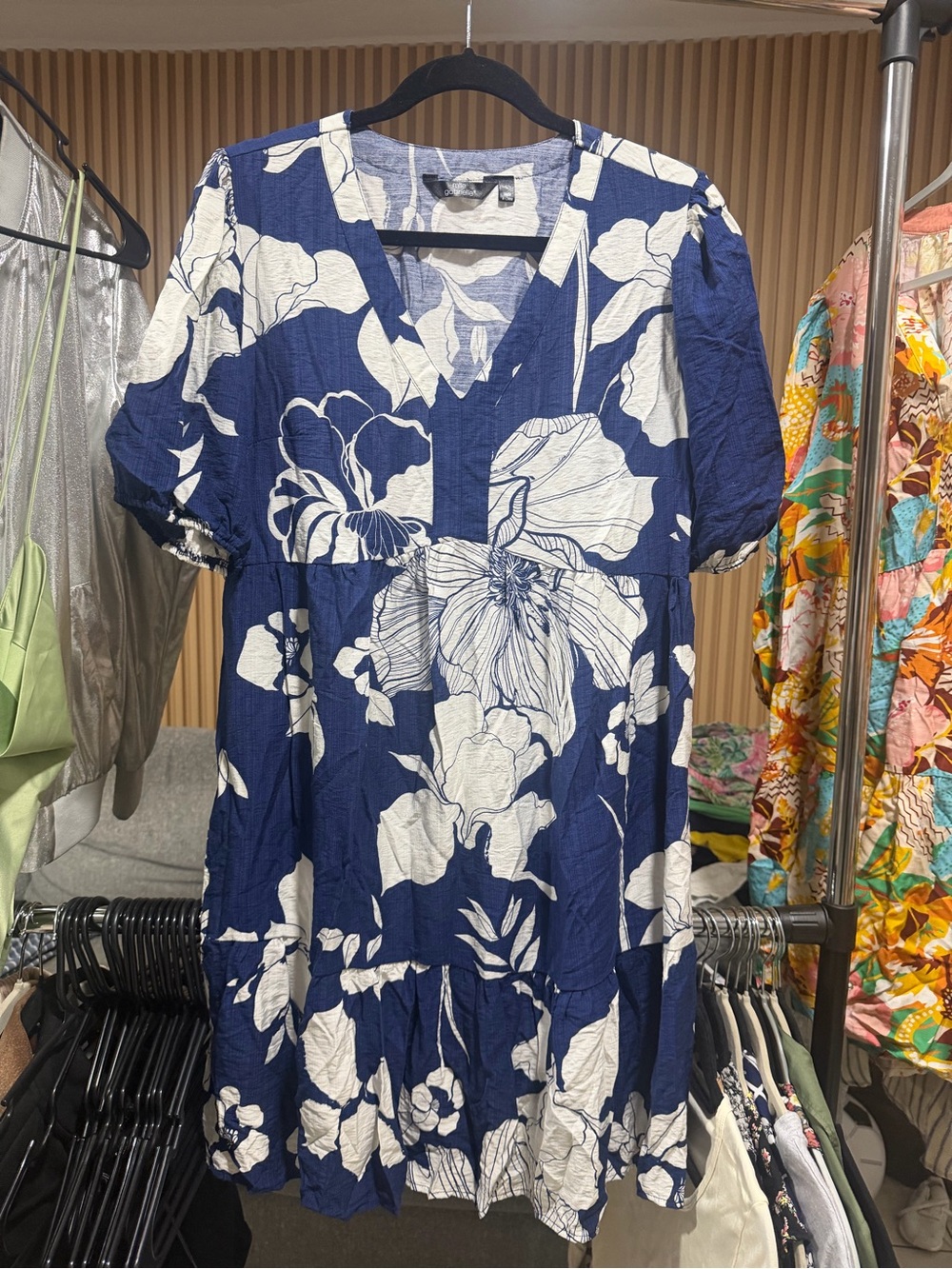 Mlle Gabrielle Navy Blue and White Floral Midi Dress L #205